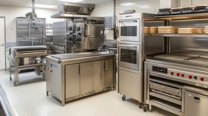 Modern commercial kitchen featuring stainless steel equipment for food preparation.