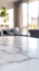 White marble table close focus blurred living room interior background product copy