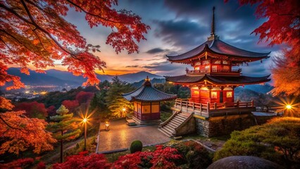 Obraz premium Kyoto Autumn Night, Low Light Photography, November 2018 - Temple Glowing