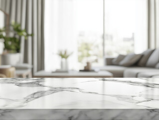 White marble table close living room interior background product placement montage
