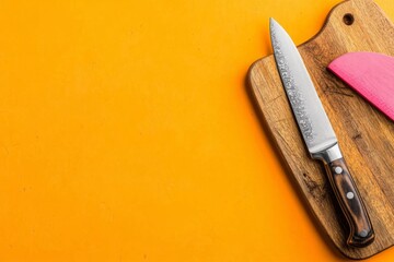 A flat design of a knife resting on a cutting board, rendered in subtle earthy tones for a minimalist look