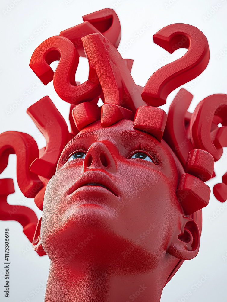 Poster Surreal red sculpture with question marks symbolizing curiosity and abstract thoughts