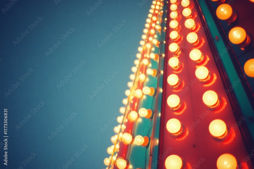 Aufkleber Low-angle view of illuminated bulbs on a tall structure against a twilight sky.