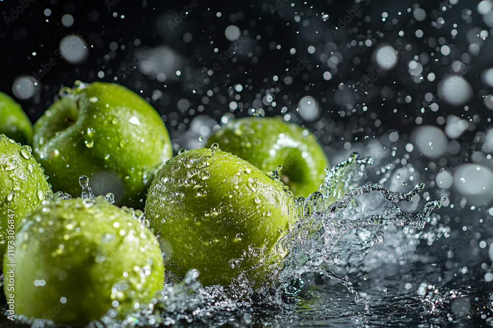 Poster green apples splashing in water with droplets and motion on a dark background