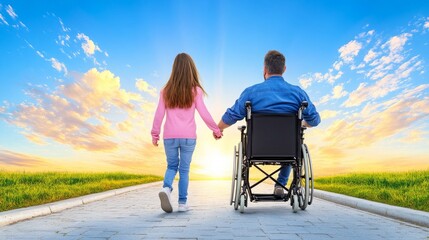A girl holds hands with a man in a wheelchair, walking towards a bright sunset, symbolizing hope, support, and connection.
