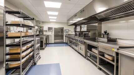 Modern commercial kitchen with stainless steel equipment and organized workspace.