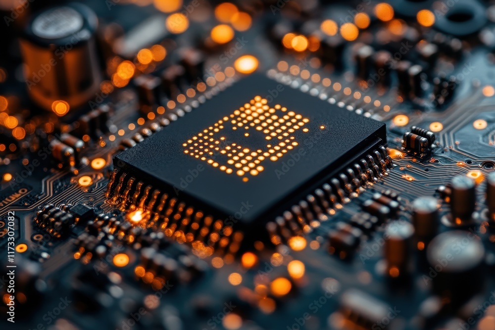 Poster circuit board illuminated by orange lights with a prominent microchip design in a tech workshop at n