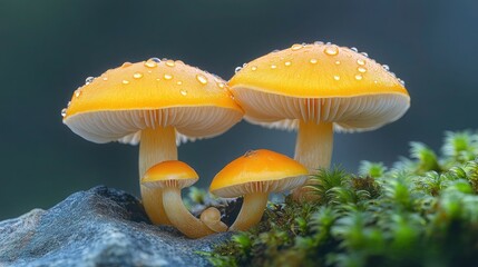Fototapeta premium Vibrant orange mushrooms with water droplets on mossy rock.