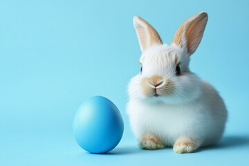 Obraz premium Easter Bunny and Blue Egg on a Light Blue Background