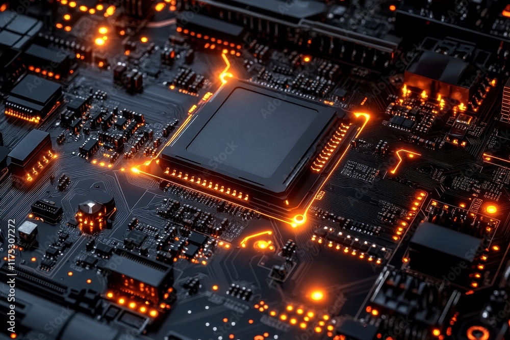 Poster close-up view of a computer motherboard showcasing intricate circuitry and glowing components during