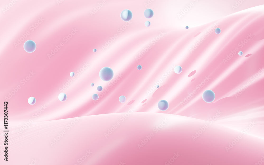 Poster abstract floating spheres with pink background, 3d rendering.