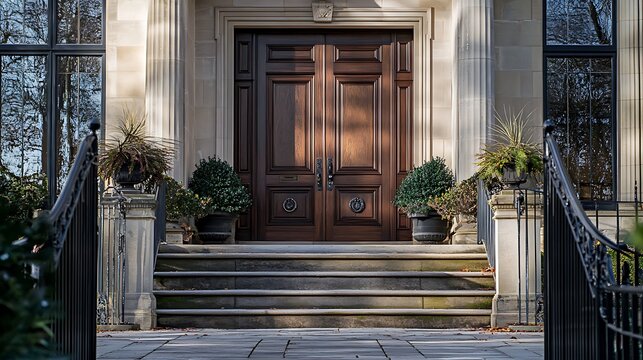 Grand double doors with a classic design, providing a welcoming entrance to a stately home
