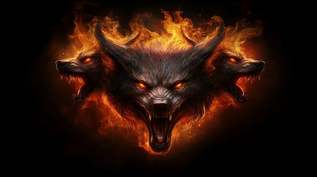 Fiery three-headed wolf, digital art.  Intense, dark, and powerful.