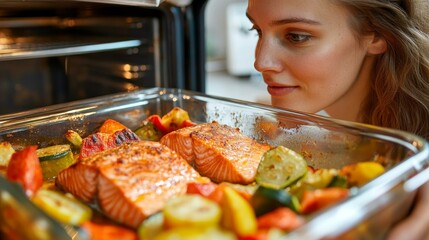 Woman smelling freshly baked salmon and vegetables