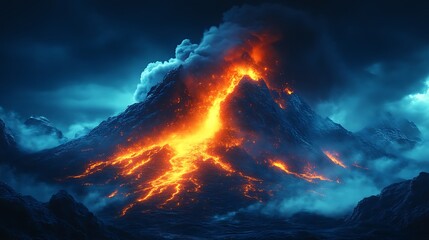Erupting volcano at night, fiery lava flow.
