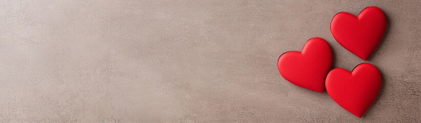 Three red hearts on a neutral background evoke feelings of love and affection, perfect for romantic themes or celebrations.