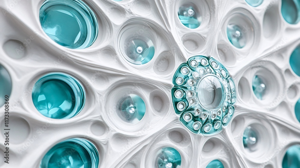 Poster Abstract white and teal organic pattern with circular elements.