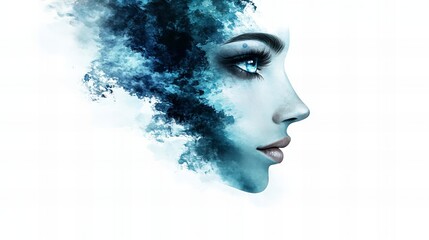 Serene female face, partially obscured by a blue watercolor wash, creating an ethereal and dreamy mood.