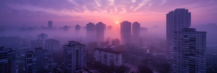 A foggy cityscape at sunrise with tall buildings and a pink sky. AI generative. .