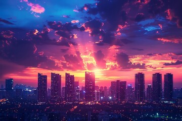 Obraz premium City skyline with vibrant pink and blue clouds at sunset. AI generative. .