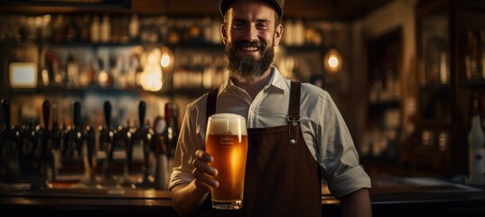 Cheerful bearded bartender serving draft beer in pub. Man working at bar counter with beer taps. Oktoberfest, St. Patrick's Day celebration, craft brewery concept. Nightlife and hospitality industry.