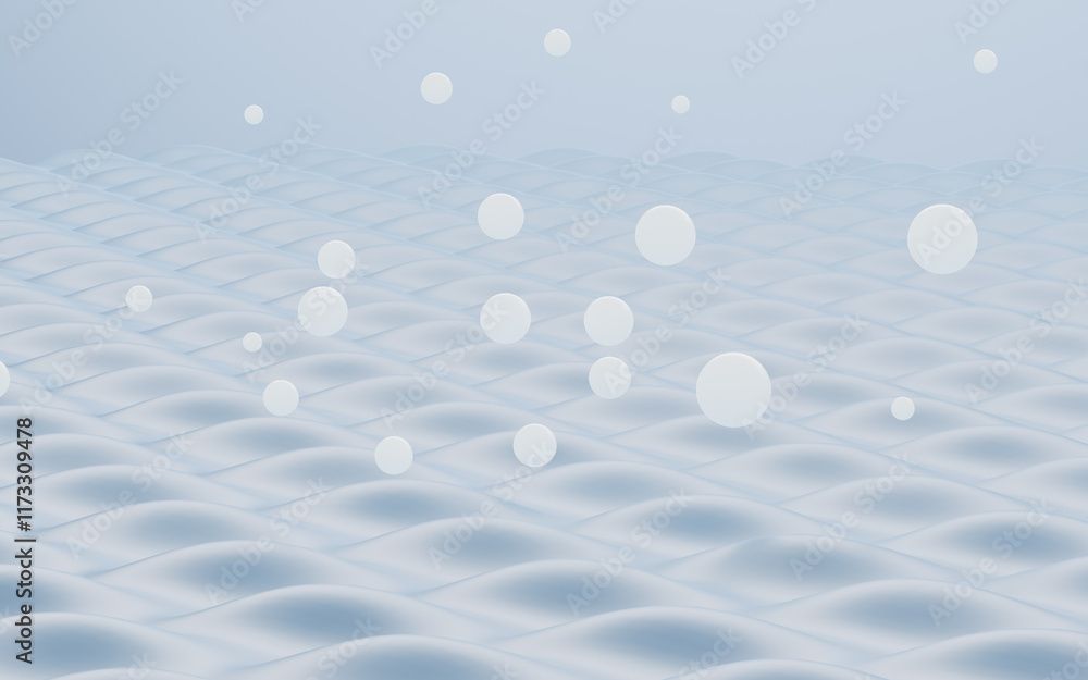 Poster abstract blue curves background and white floating spheres, 3d rendering.