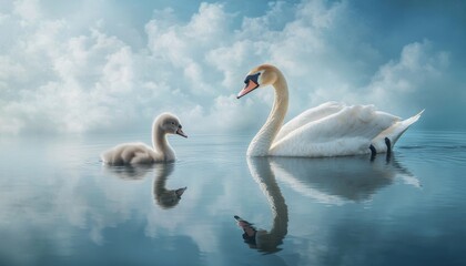 charming image of a mother swan with her baby swimming in a crystal clear lake, surrounded by lush greenery and soft sunlight filtering through trees