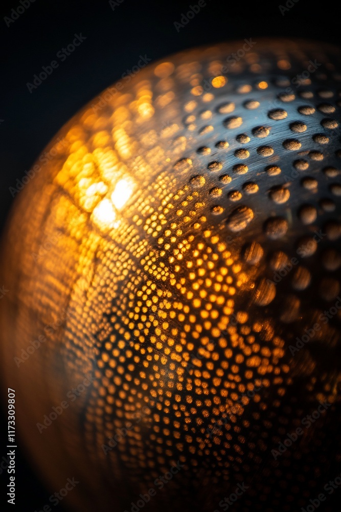 Aufkleber Close-up of a metallic sphere with a textured surface, illuminated from within, showing intricate details and patterns.