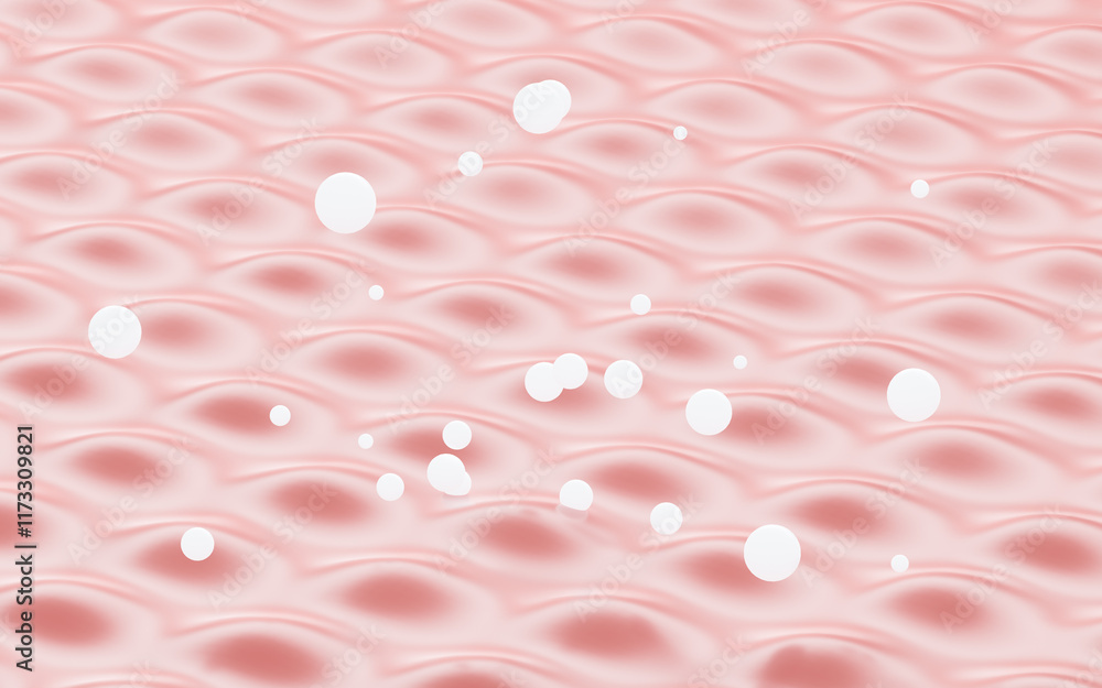 Poster abstract pink curves background and white floating spheres, 3d rendering.