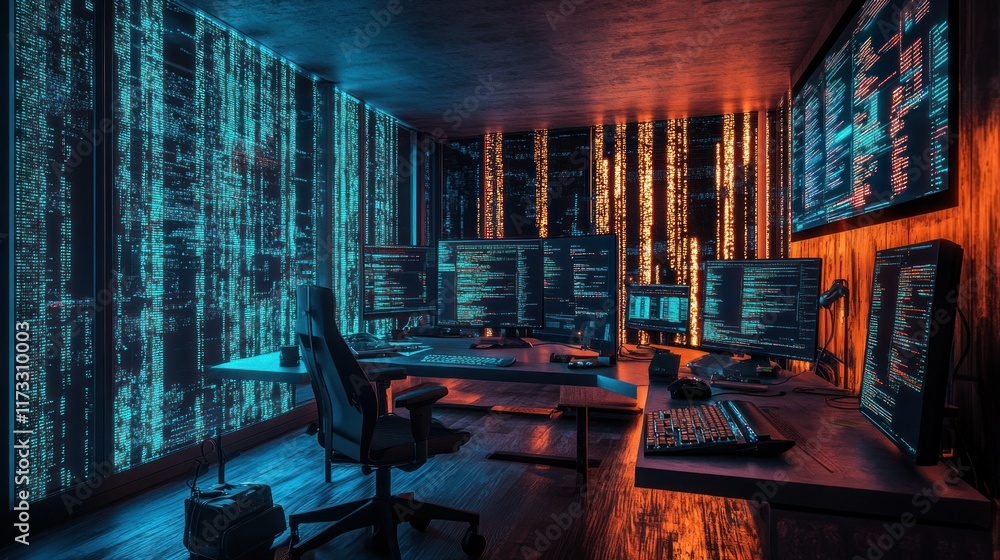 Poster cyberpunk hacker room: neon lit coding sanctuary