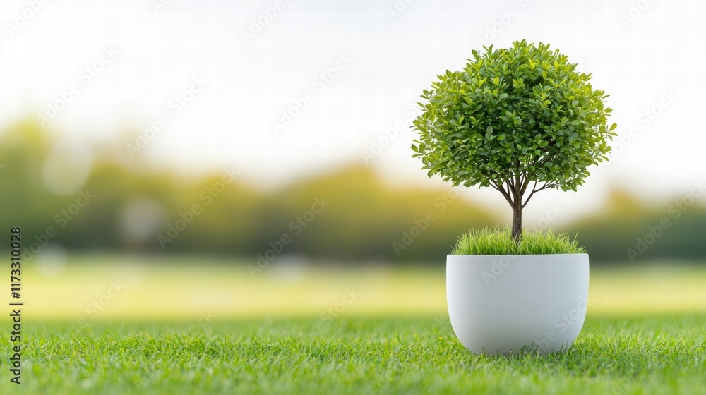 Poster conceptual image of a tree emerging from a white pot on a lush green grass field