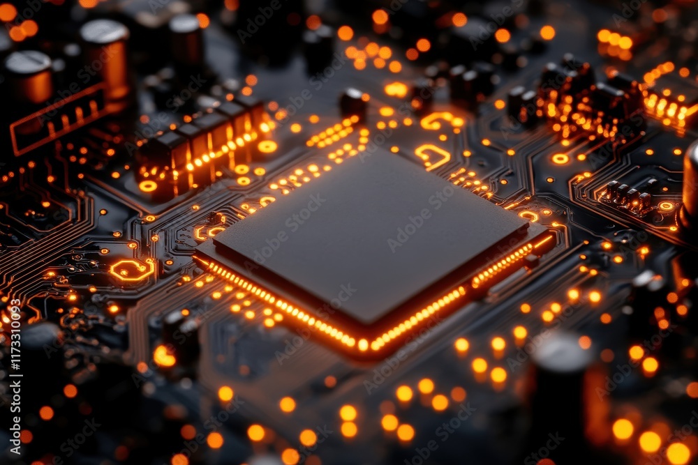 Poster close-up view of a microchip with glowing circuitry and intricate components in a dark environment