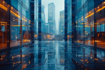 A city skyline reflected in the glass panels of a modern building. AI generative. .