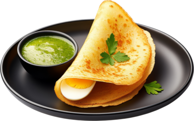 Egg dishes menu. Delicious dosa served with green chutney on a black plate. on white background. cut out.