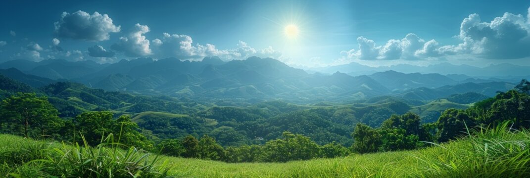 A beautiful green mountain range under a blue sky with white fluffy clouds and a bright sun. AI generative. .