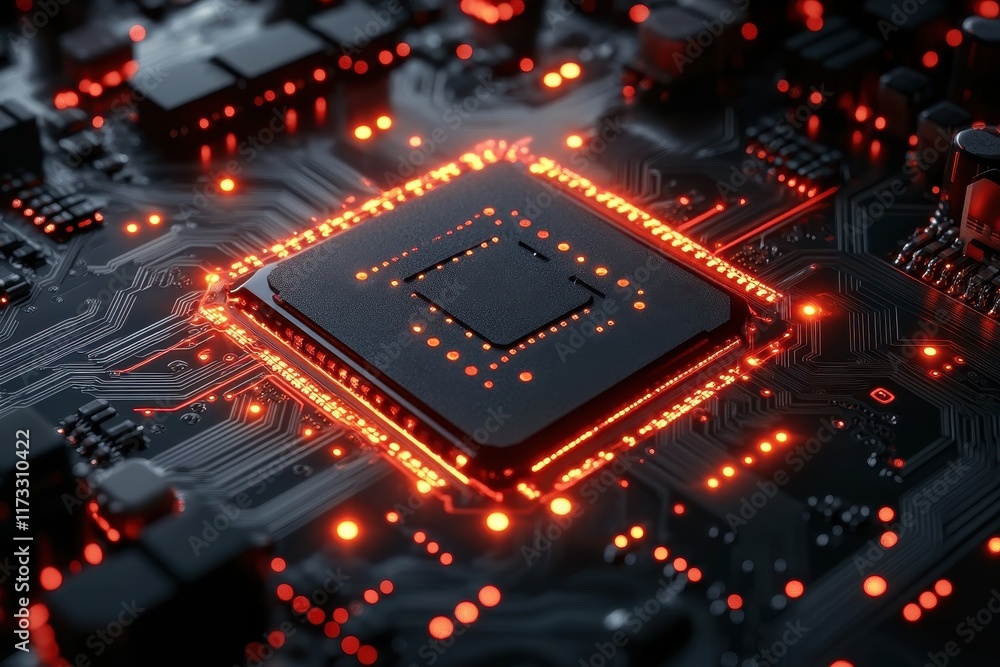 Poster close-up view of a computer circuit board with glowing red components and intricate details in brigh