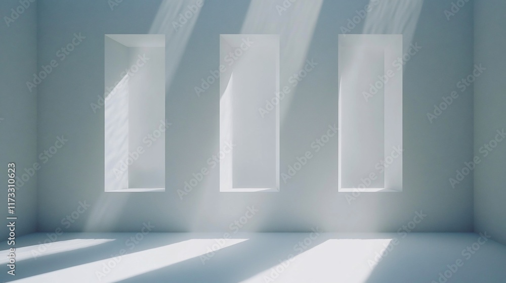 Fototapete sunlight streams through three vertical rectangular windows in a minimalist white room.
