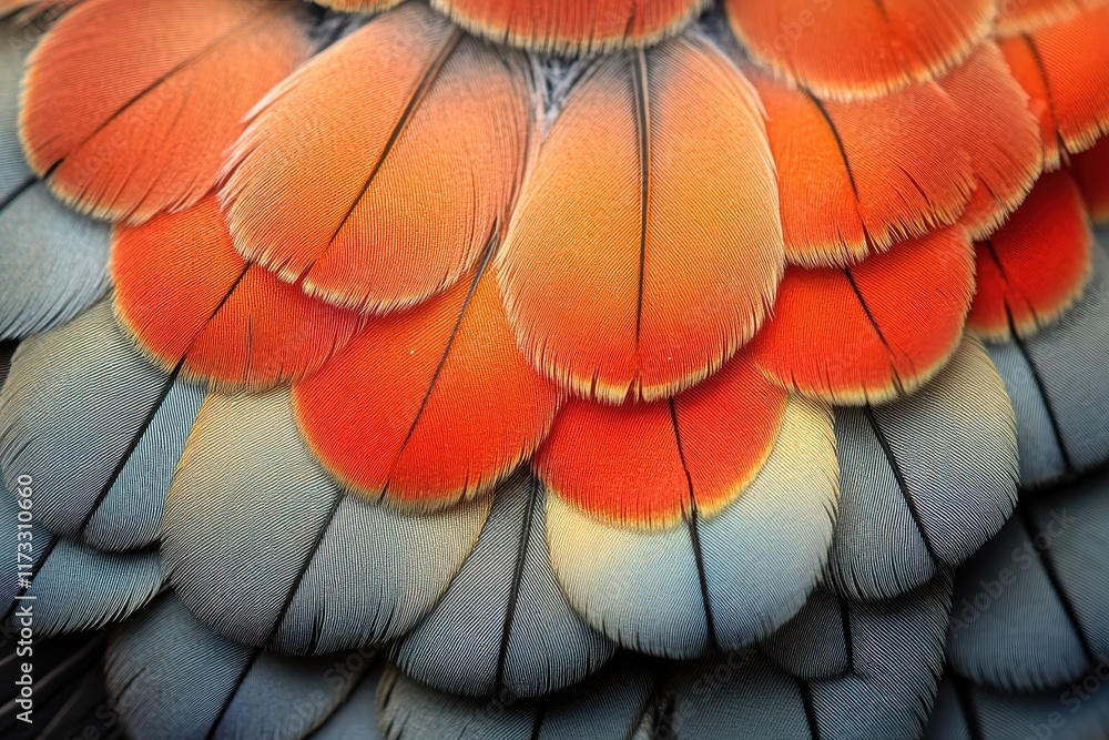 Poster close-up view of vibrant bird feathers displaying intricate patterns and colors in nature