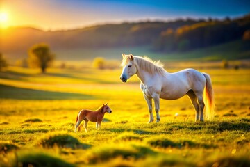 Fototapeta premium Lonely Horse and Companion: Miniature Tilt-Shift Landscape Photography