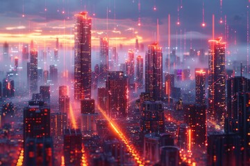 Fototapeta premium Futuristic cityscape with glowing red lights and buildings, set against a hazy sunset sky. AI generative. .