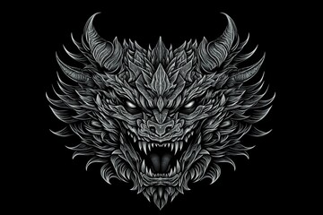 Fototapeta premium Gray scale fierce dragon head illustration with sharp horns and teeth, on a black background.