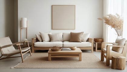 Modern Minimalist Living Room Interior Design Beige Sofa Wooden Chairs and Natural Decor