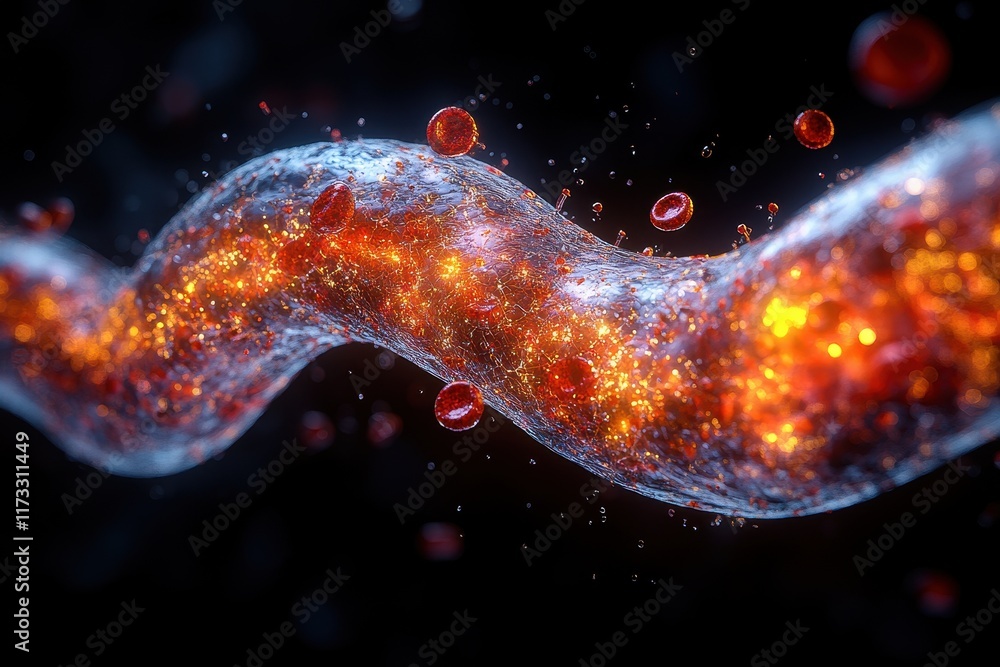 Poster vibrant representation of flowing plasma with embedded glowing particles and red elements in a dark 