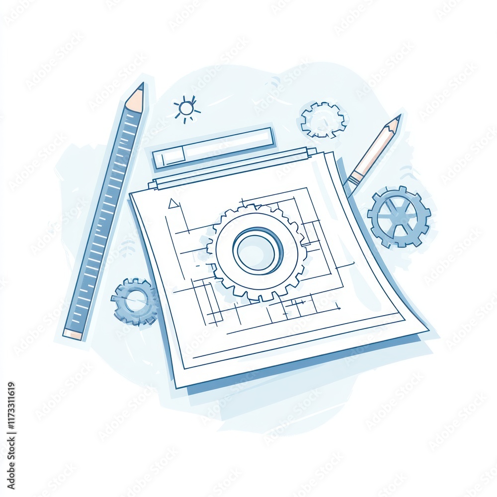 Poster engineering blueprint showing gear design with tools