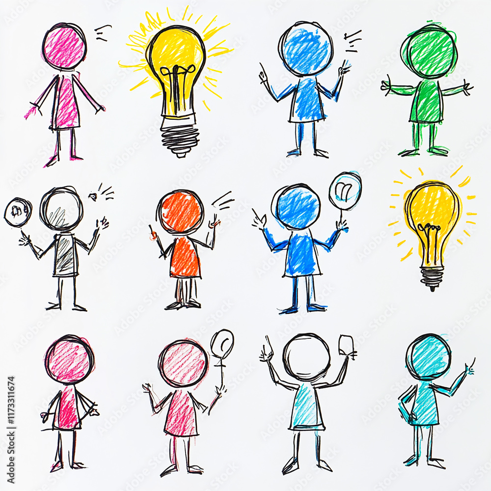 Poster hand-drawn stick figures with colorful designs and glowing light bulb symbols