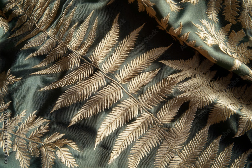 Poster close-up of elegant, dark green fabric with embroidered beige fern patterns, showing texture and fol