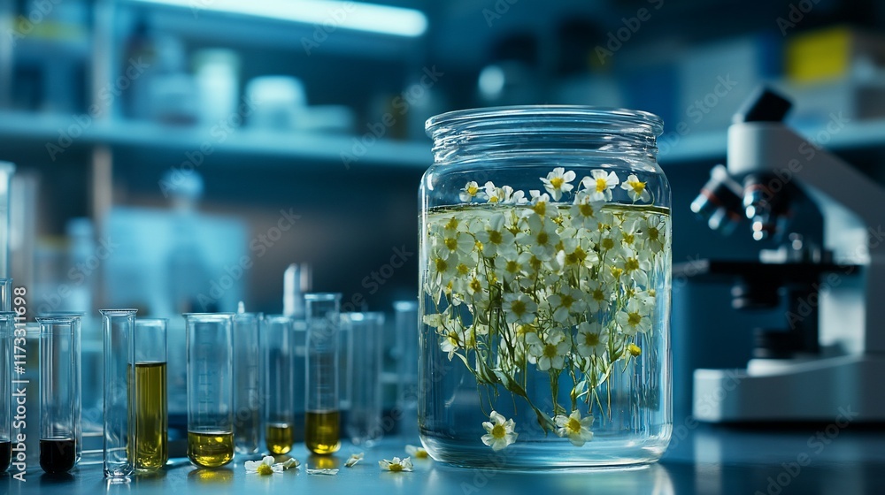 Fototapete chamomile flowers in a jar in a laboratory setting with test tubes and microscope.