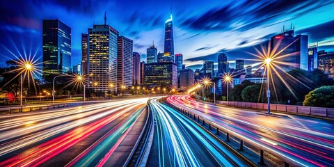 Fototapeta premium Long Exposure City Lights Streaks, Night Urban Scene, Blurred Motion, Glowing Trails