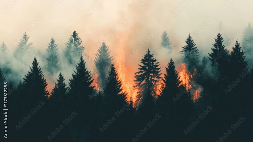 Poster intense flames engulf a coniferous forest, creating a thick blanket of smoke that obscures the trees
