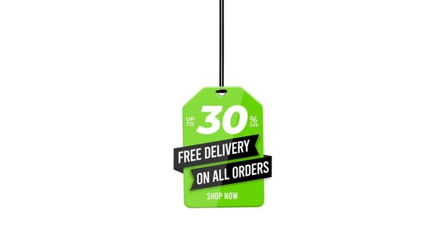Up to 30 Percent Discount Free Home Delivery Hanging Tag Animation on White Background in 4K , 
, sale on a hook .